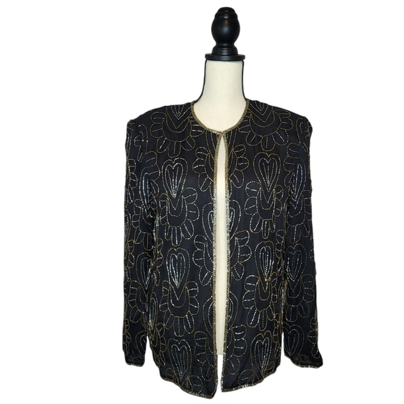 J.M.C. Jacket Beaded Vintage Evening Silk Black Gold And Ailvwr Beading Size M - Picture 1 of 10